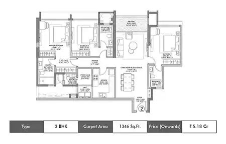 K Raheja Amaltis 3 BHK floor plan, 1346 sq ft carpet area