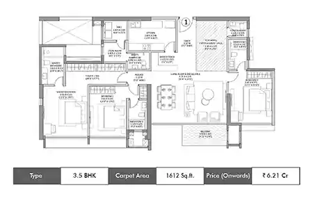 K Raheja Amaltis 3.5 BHK floor plan, 1612 sq ft carpet area